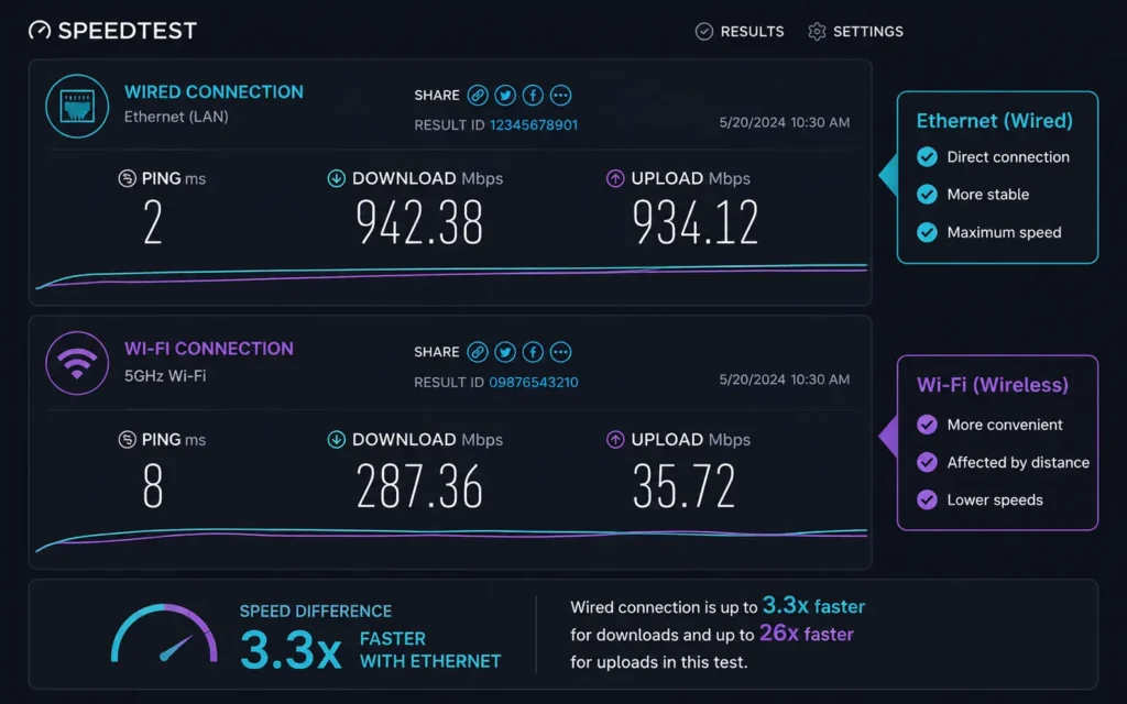 Speed test results comparing ethernet connection speed to Wi‑Fi speed showing the performance gap