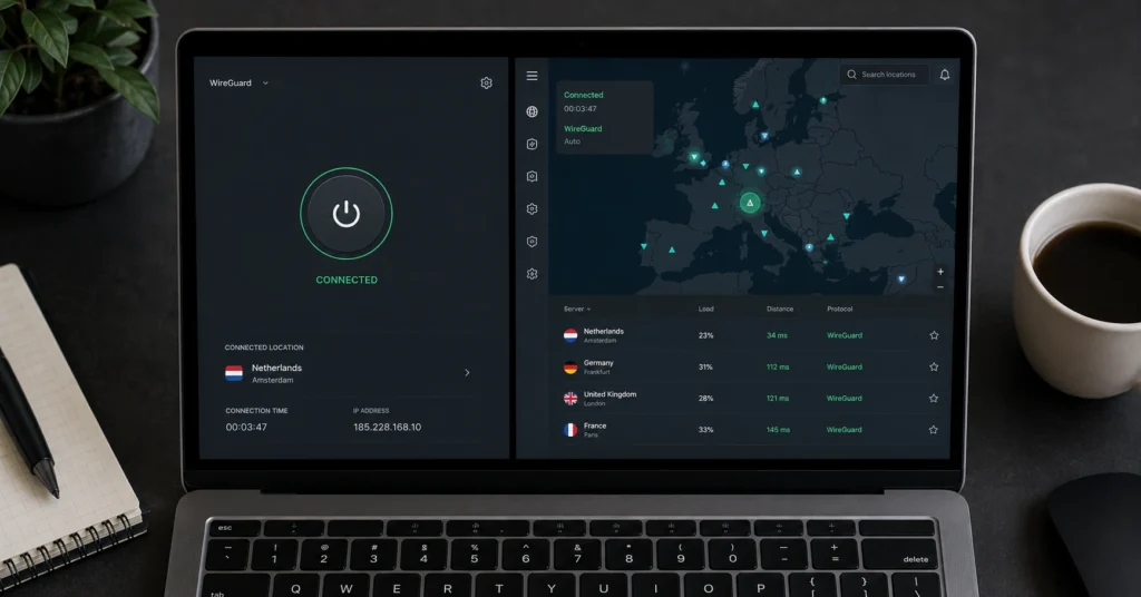 Desktop interface comparison showcasing network latency testing and secure protocol connections