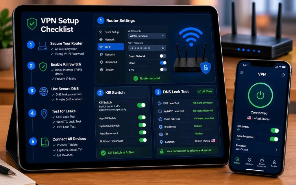 Setup checklist for family VPN: router, kill switch, DNS leak test