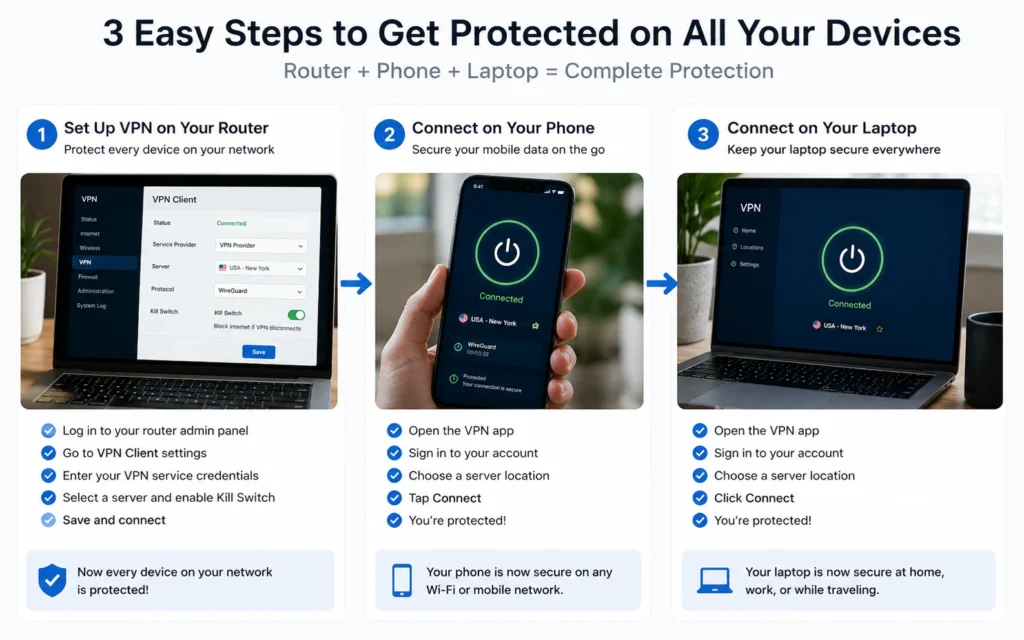 Family VPN setup on router, phone, and laptop