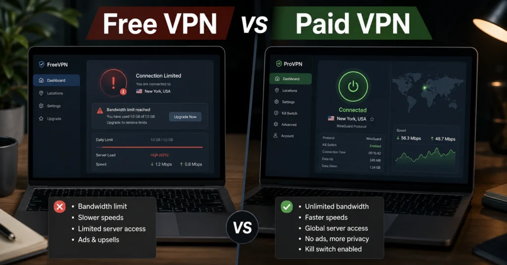 Comparison between free VPN limits and paid VPN connection dashboard