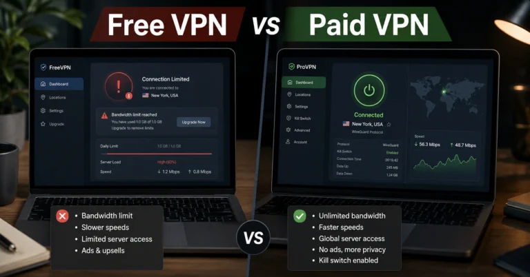 Comparison between free VPN limits and paid VPN connection dashboard