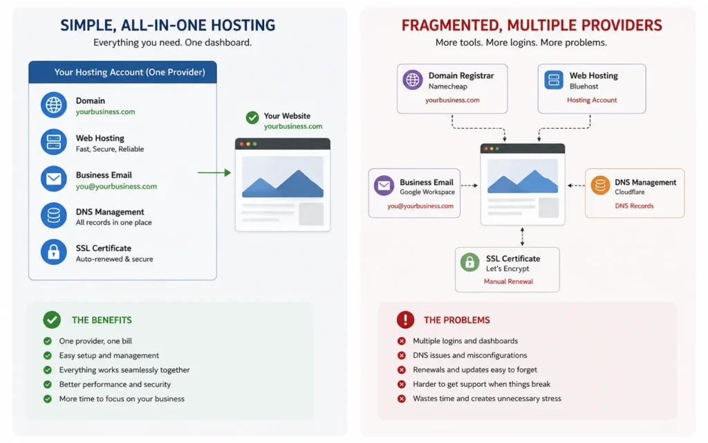 Simple hosting workflow compared with multi-provider freelancer setup