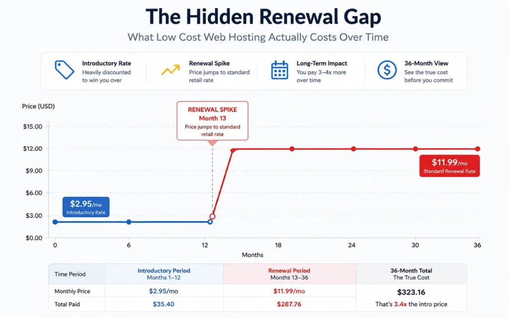 A structural line chart charting the cost comparison between promotional introductory hosting pricing and standard renewal rates over three years.