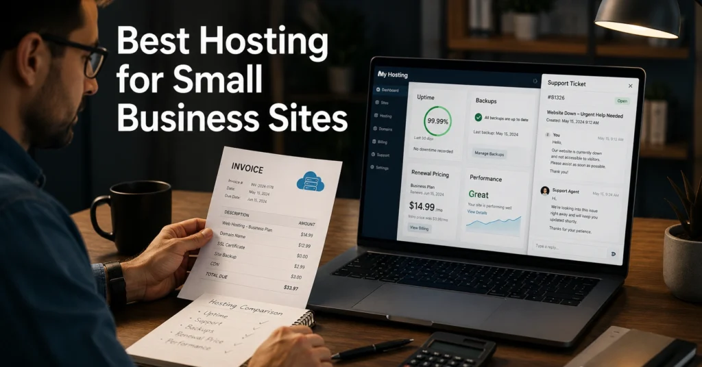 Comparison of small business hosting renewal pricing and included features.
