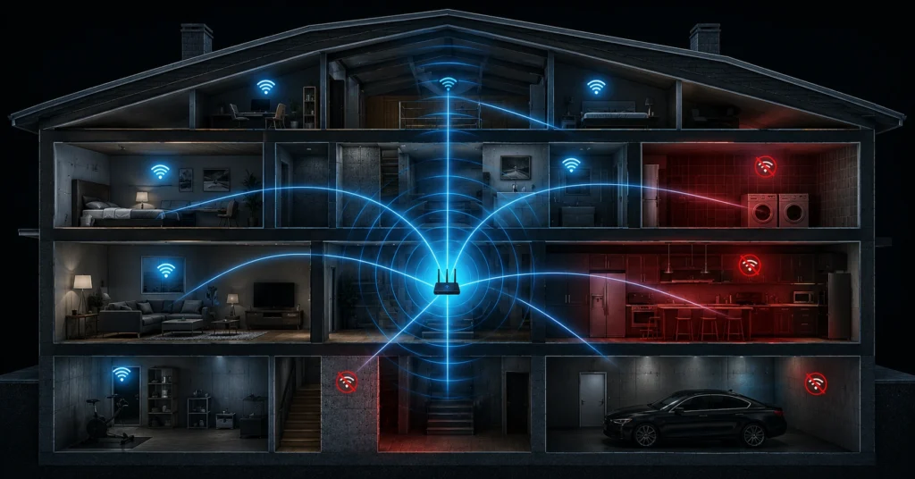 Structural signal propagation map showing how to improve wifi signal paths across a large multi-story house