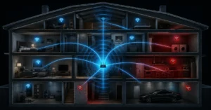 Structural signal propagation map showing how to improve wifi signal paths across a large multi-story house