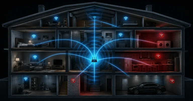 Structural signal propagation map showing how to improve wifi signal paths across a large multi-story house