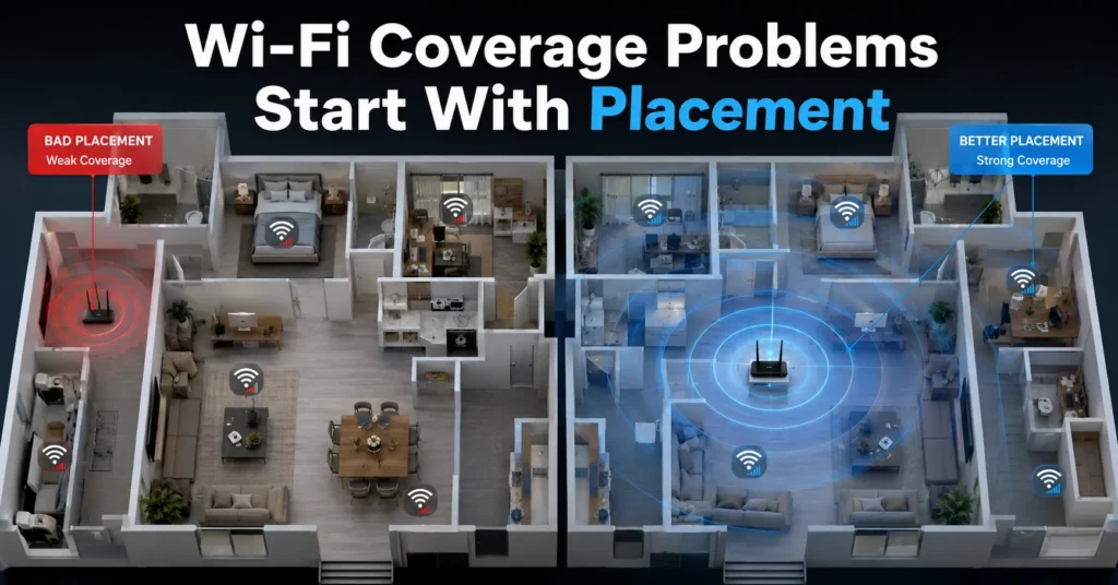 Router placement comparison in a large home with weak and improved Wi-Fi coverage