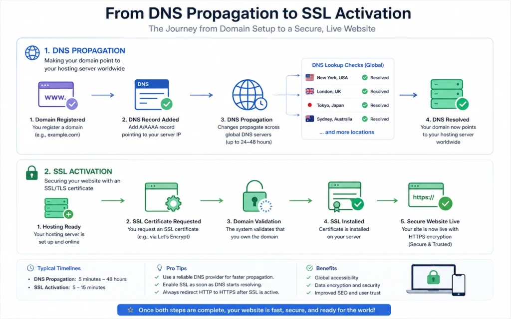 DNS records and SSL activation process for landing page hosting setup