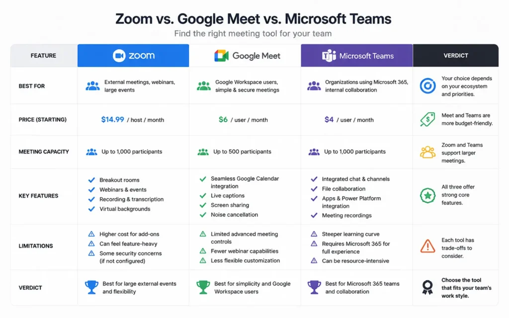 Comparison table of Zoom, Google Meet, and Microsoft Teams pricing and features