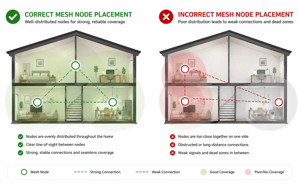 Proper and improper mesh Wi-Fi node placement in a large house