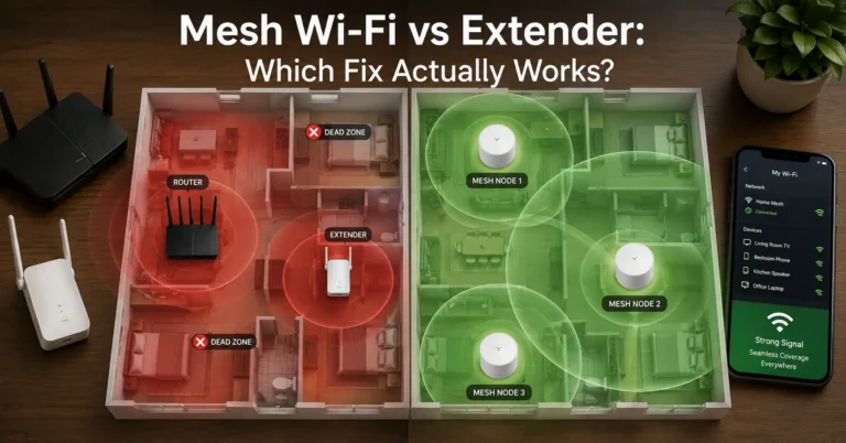 Comparison of mesh Wi‑Fi system and Wi‑Fi extender coverage shape in a home floor plan