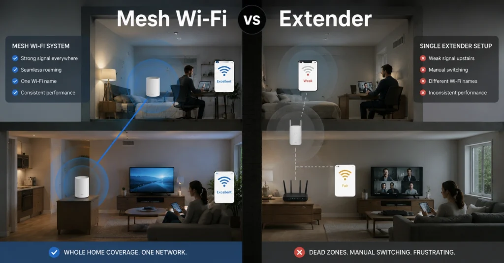 Comparison between a mesh Wi-Fi setup and a Wi-Fi extender in a multi-room home