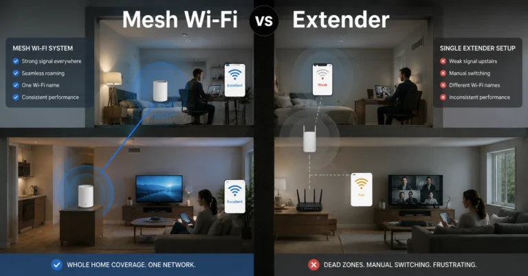Comparison between a mesh Wi-Fi setup and a Wi-Fi extender in a multi-room home