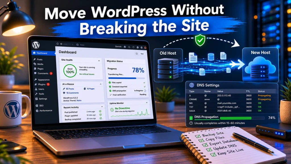 WordPress migration process with DNS and hosting dashboard open