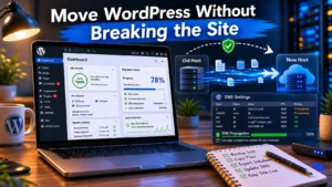 WordPress migration process with DNS and hosting dashboard open