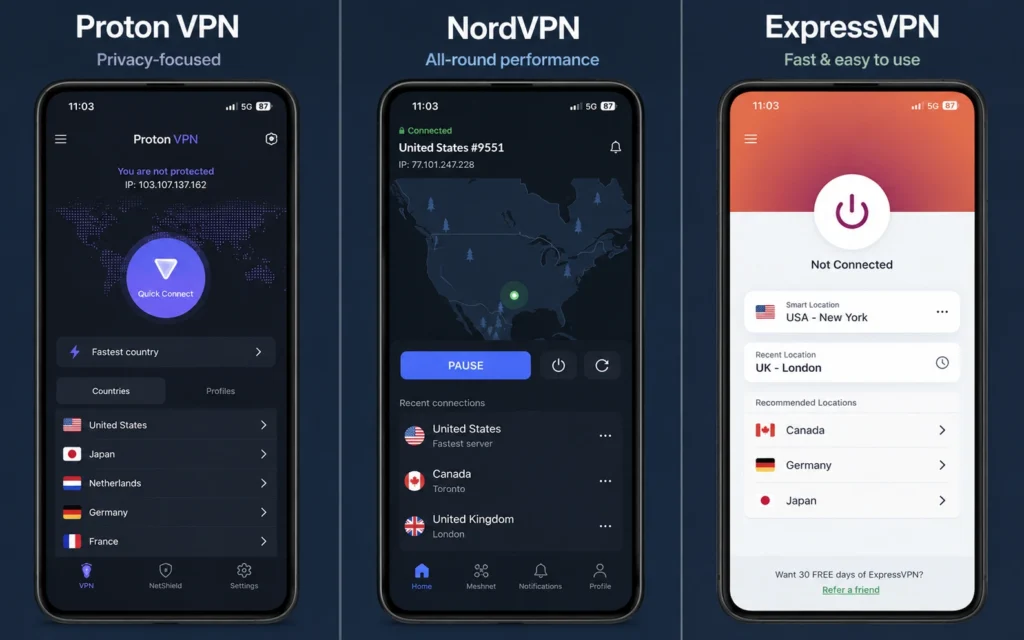 Mobile VPN app home screens for Proton VPN, NordVPN, and ExpressVPN on Android and iPhone