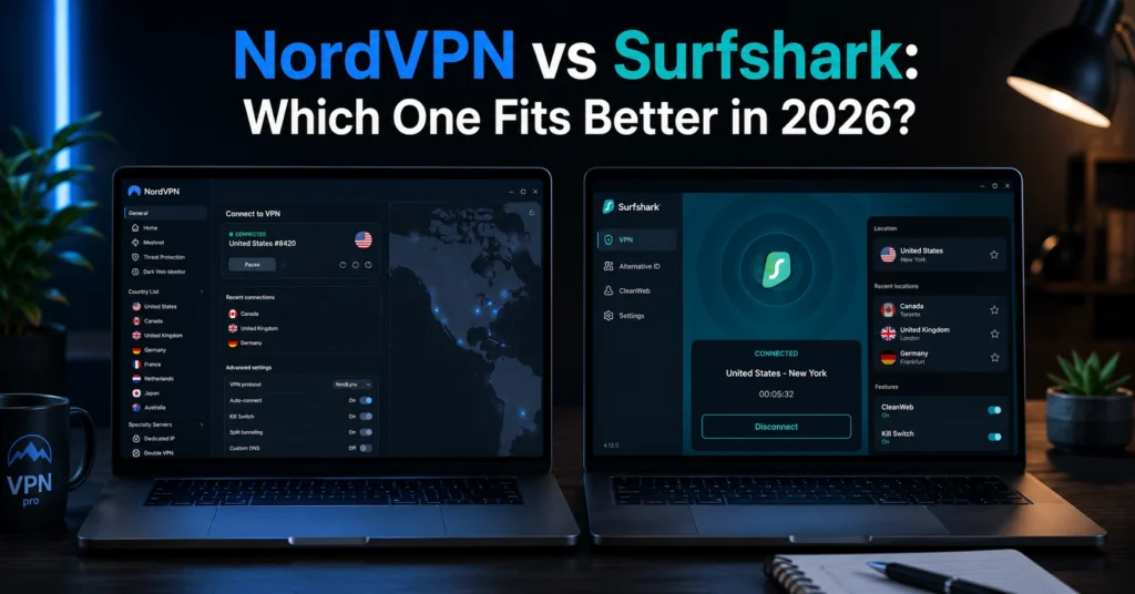 NordVPN and Surfshark desktop VPN interfaces compared side by side during active connections
