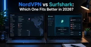 NordVPN and Surfshark desktop VPN interfaces compared side by side during active connections