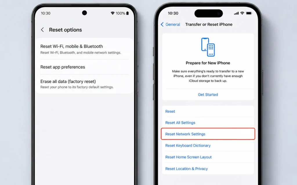 Network reset settings screen on a smartphone
