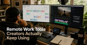 Creator remote work setup with productivity and publishing tools open on desktop monitors