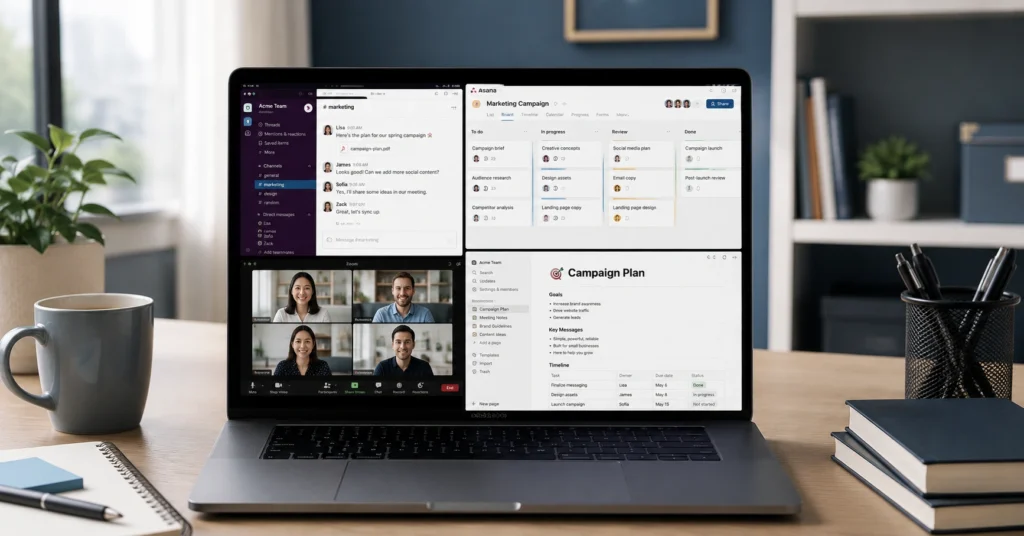Remote work tools for small business — Slack, Zoom, Asana, Notion on laptop screen at home office desk