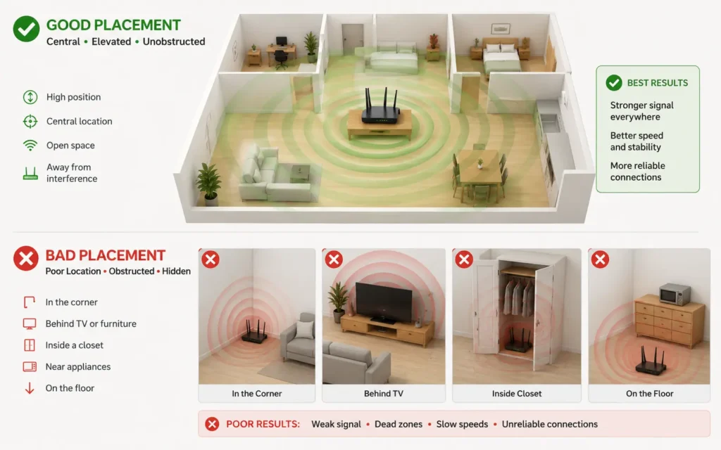 Router placement diagram showing correct central elevated position versus incorrect corner and closet placements