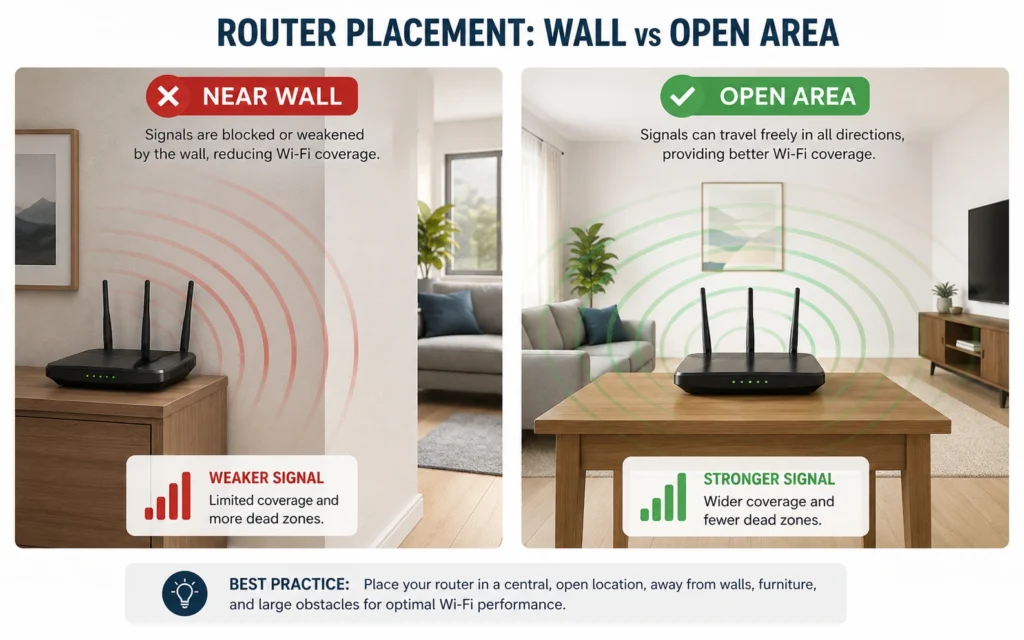 Correct and incorrect router placement for stable Wi-Fi