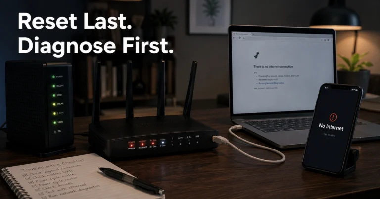 Person troubleshooting a router and modem connection before factory reset