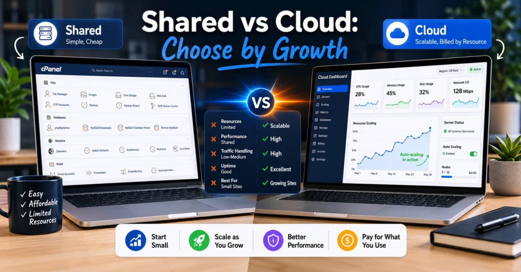 Comparison of shared hosting control panel and cloud hosting dashboard showing scalin