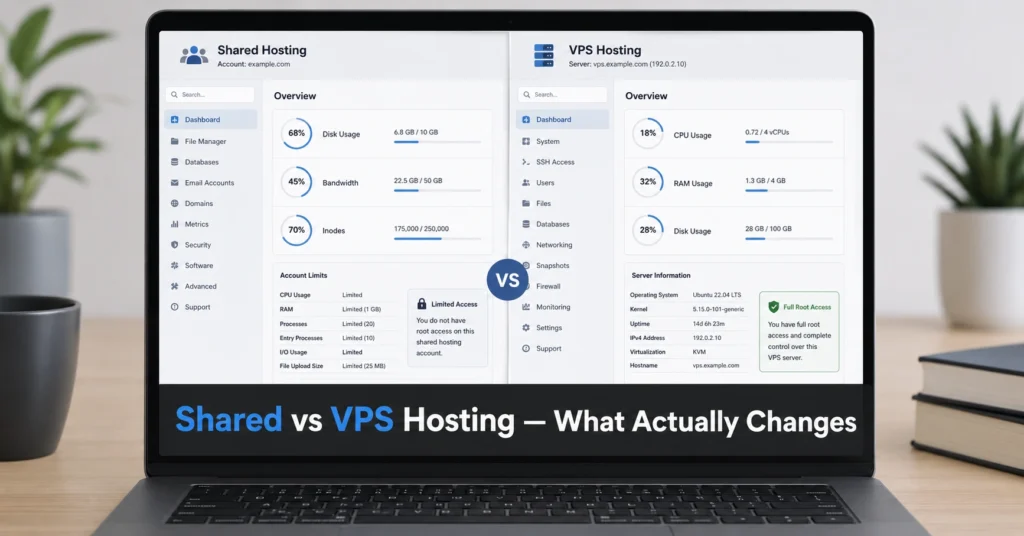Comparison of shared hosting and VPS hosting dashboards showing resource differences