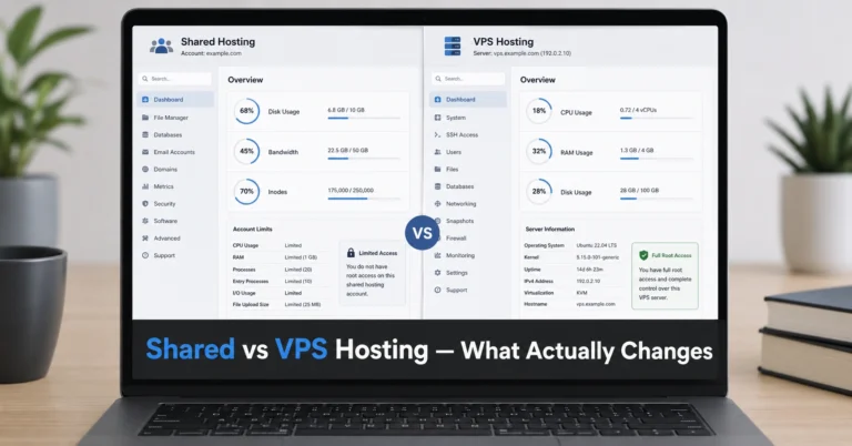 Comparison of shared hosting and VPS hosting dashboards showing resource differences