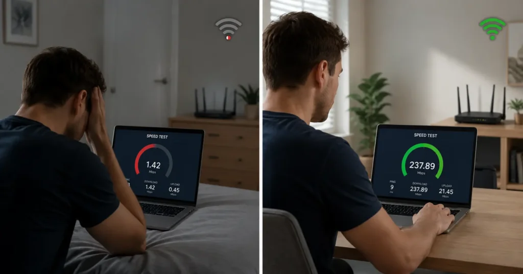 Split comparison showing slow wifi fix results—poor signal in far room versus strong signal with proper router placement