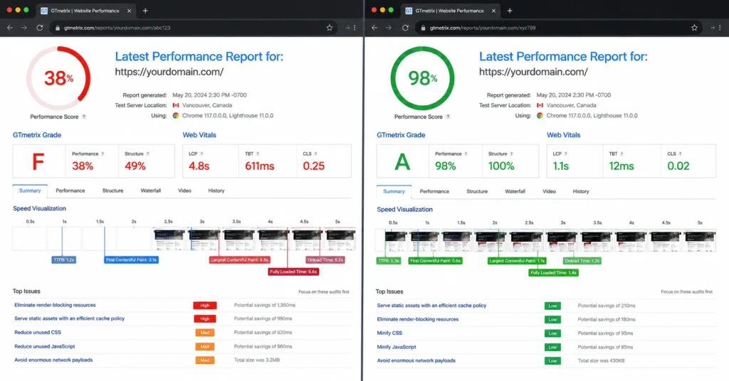 Website performance dashboard showing slow load times after hosting migration on left and restored speed after fixes on right
