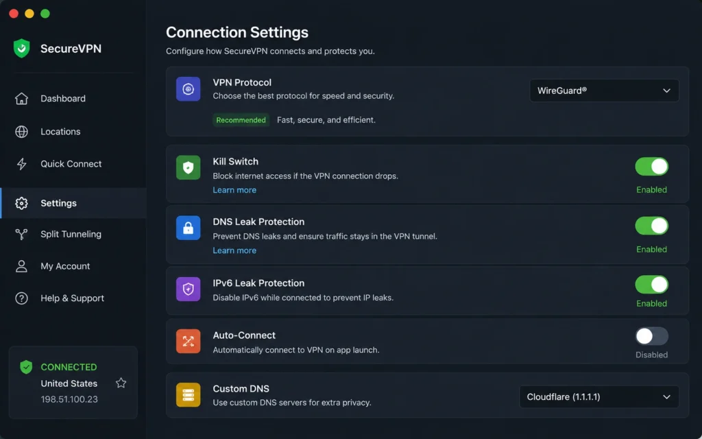 VPN travel settings with kill switch and WireGuard enabled.