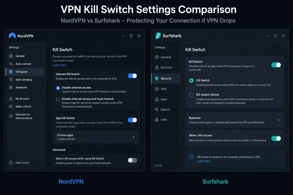 NordVPN and Surfshark kill switch settings compared on desktop applications