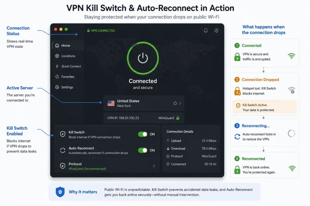 VPN kill switch enabled during public hotspot reconnection
