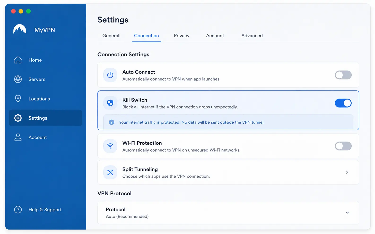 VPN app settings screen showing kill switch enabled toggle