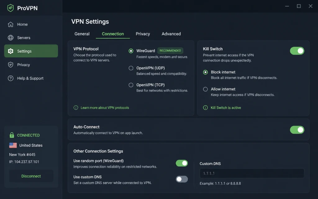 VPN protocol and kill switch settings screen