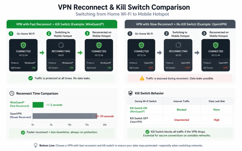 VPN reconnect comparison during Wi-Fi changes for remote work