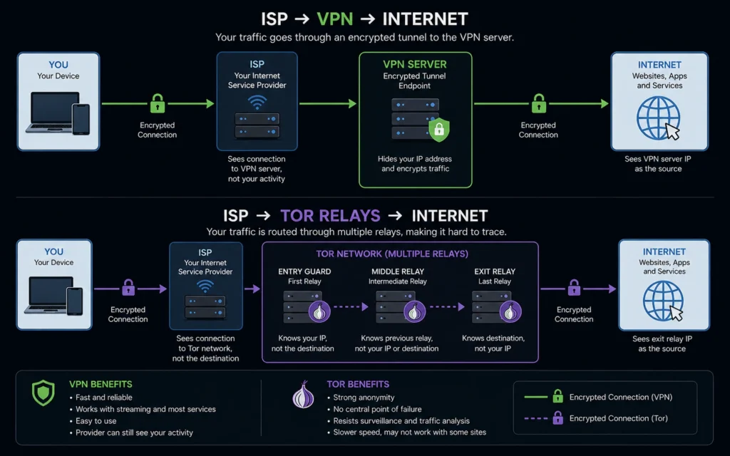 VPN routing compared with Tor relay routing