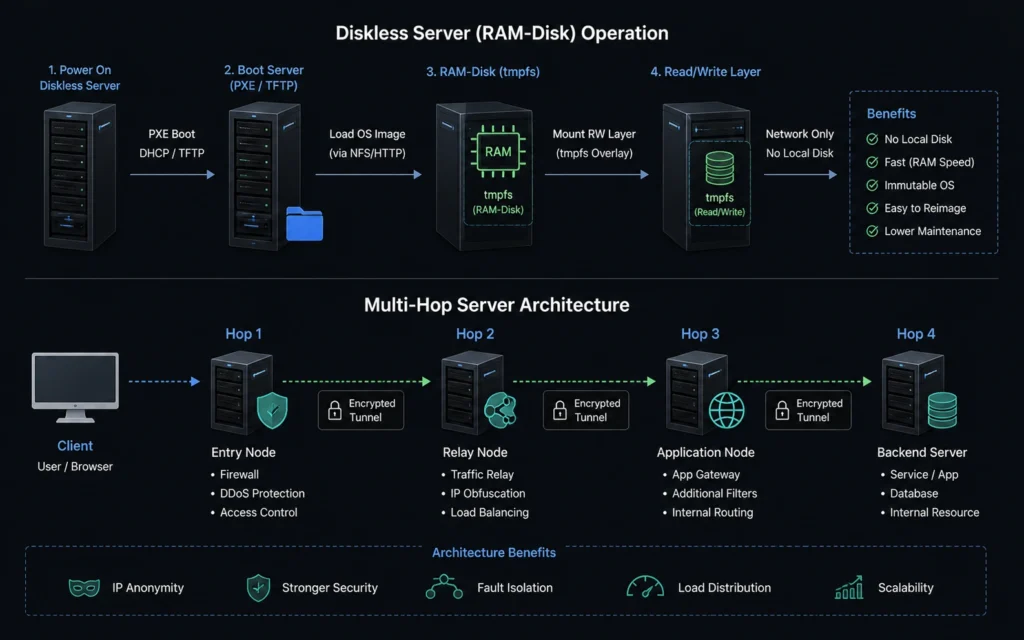 Technical architecture chart explaining diskless RAM-only VPN data wipe states and multi-hop connection routing