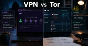 Tor Browser compared with VPN software on a laptop screen