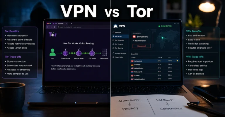 Tor Browser compared with VPN software on a laptop screen