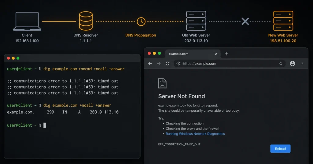 Terminal dashboard executing a DNS dig command next to a browser connection timeout error window.