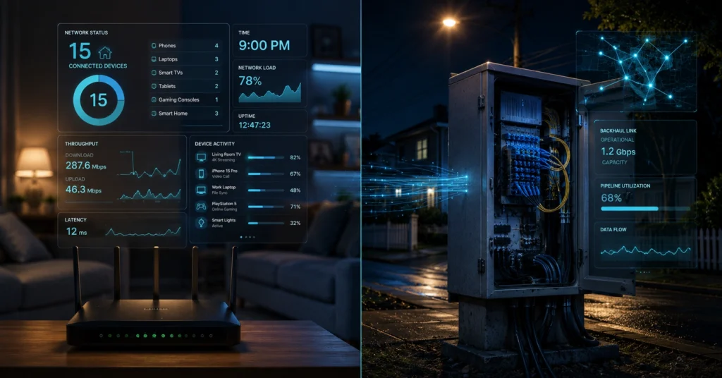 Diagnostic graphic showing home router data traffic alongside a street-side fiber-coaxial distribution node to visualize evening bandwidth consumption