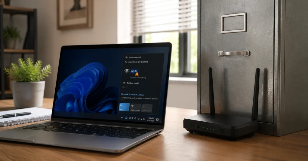 Open laptop displaying a network disconnected error icon on a desk surface