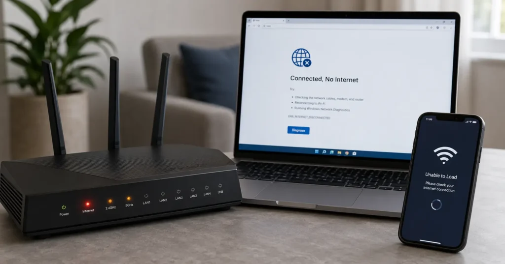 Home router with red WAN light and laptop displaying Wi‑Fi connected but no internet error