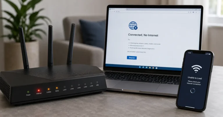 Home router with red WAN light and laptop displaying Wi‑Fi connected but no internet error